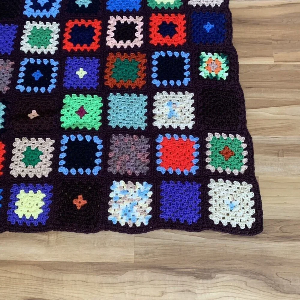 Granny Square Dark Brown Afghan Crochet Throw Blanket 45” x 58” Vintage